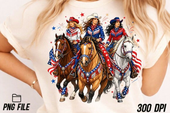 Cowgirls Riding Horse American Flag PNG: Patriotic Western Art