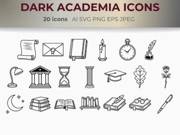Dark Academia Line Icons Set: Vintage SVG for Scholarly Style